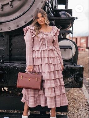 JessaKae Dusty Rose Plaid Tiered Ruffle Maxi Dress